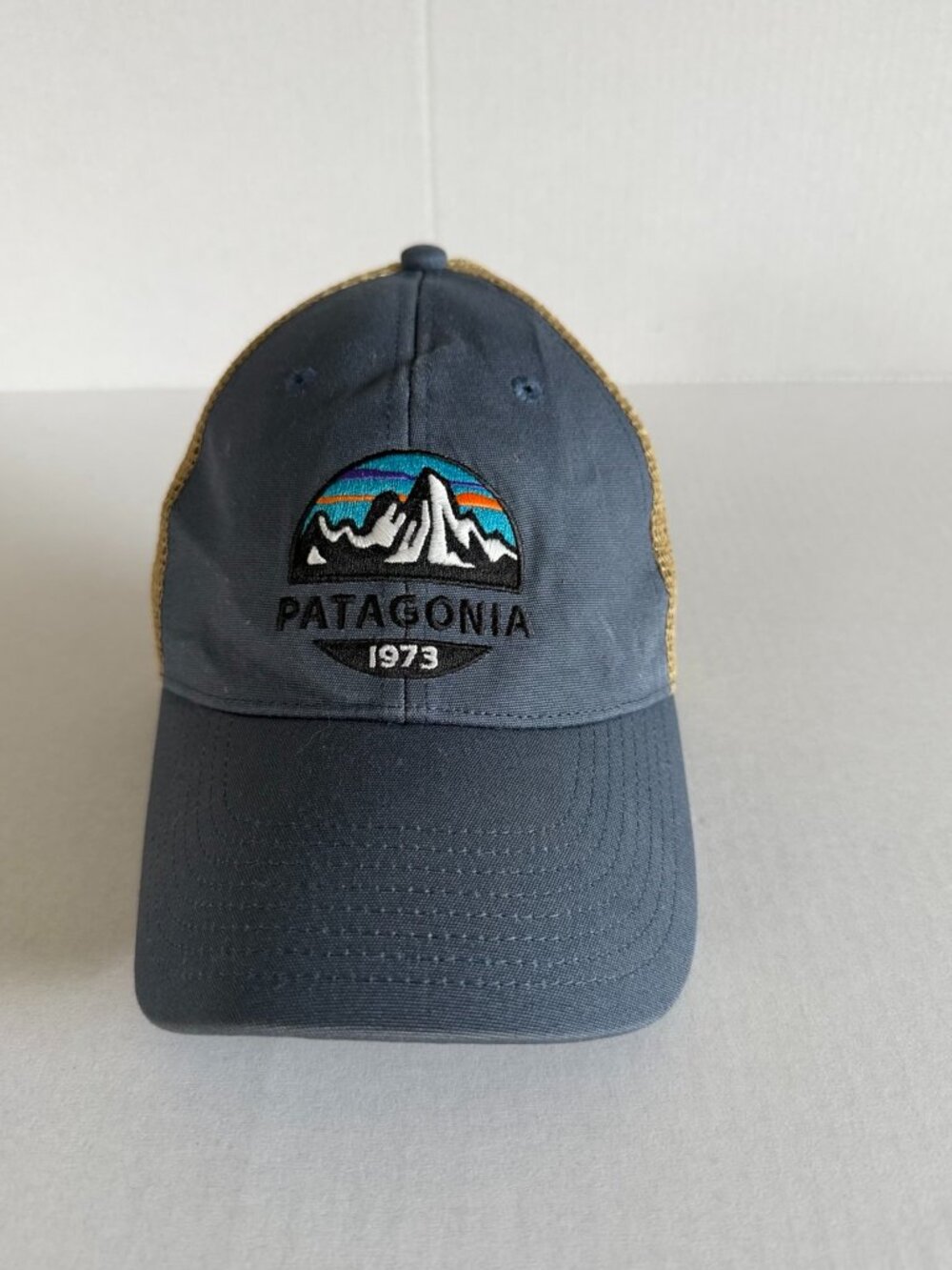 Patagonia 1973 Logo Trucker Hat Blue Tan NetPlus Bureo Mesh Snapback Cap